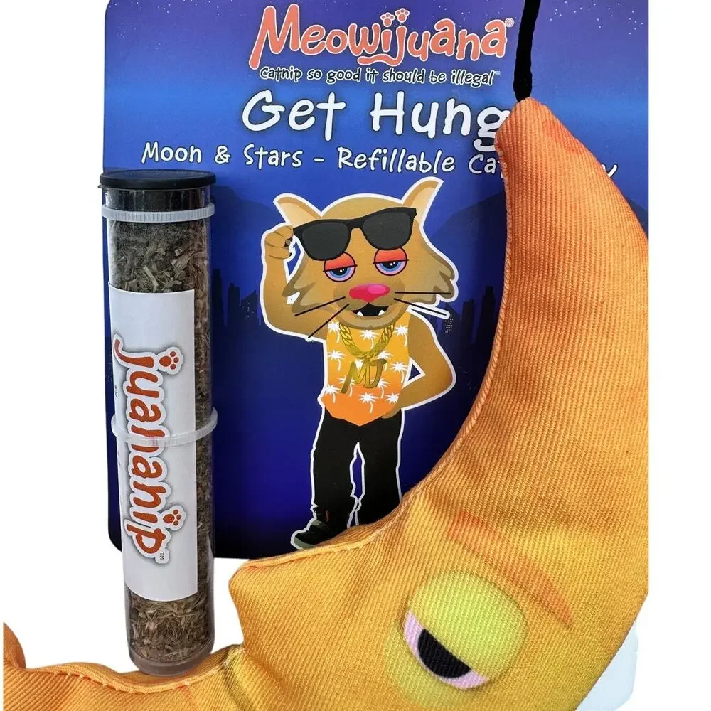 (2) Meowijuana “Get Hung” Moon‎ & Stars Catnip Toys + Refillable Juananip Tubes